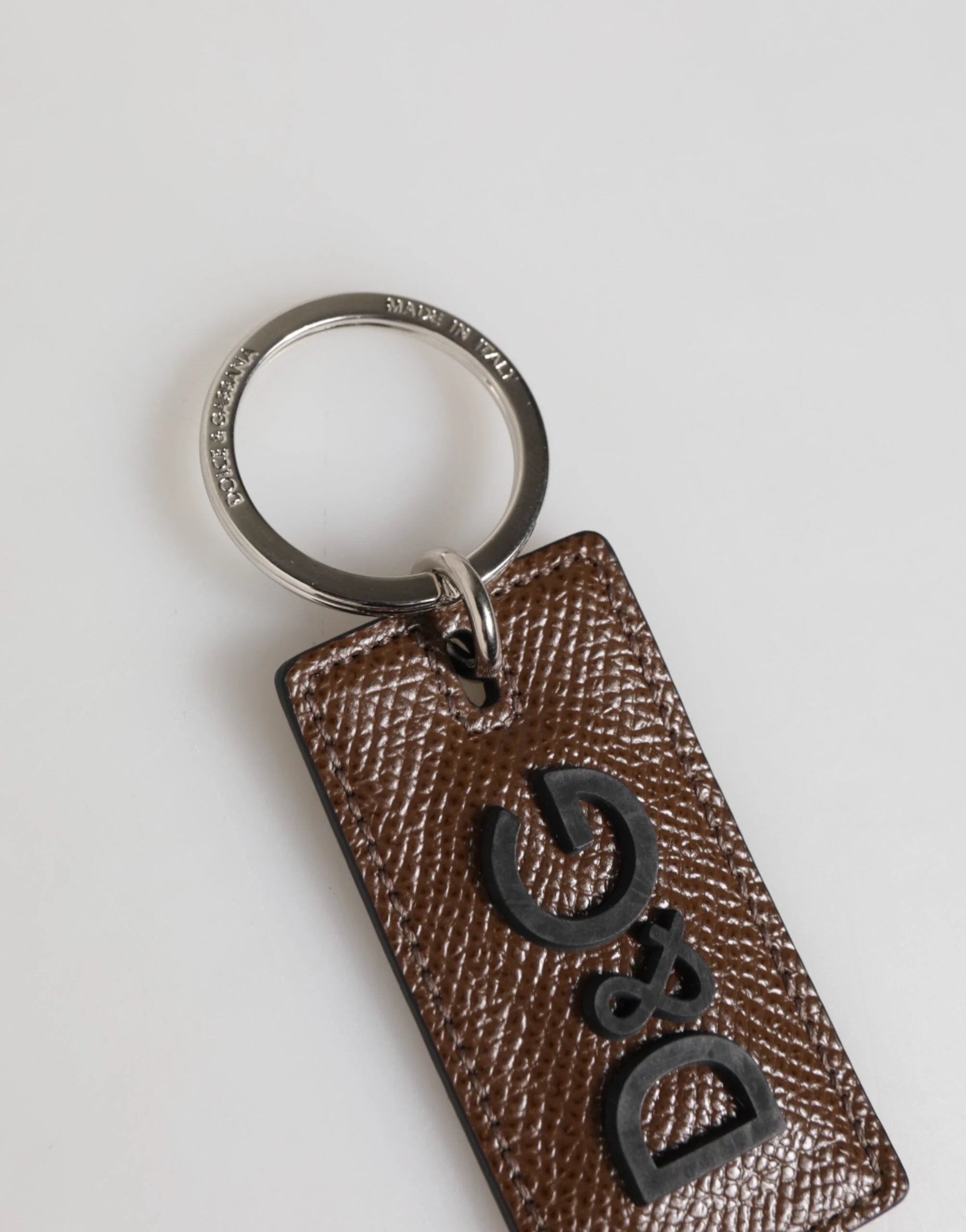 Dolce & Gabbana Dark Brown Leather Logo Metal Ring Keychain Holder Keyring - Keychains