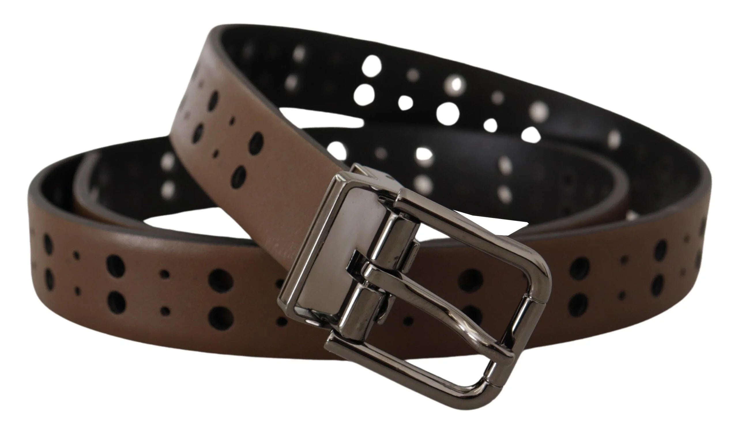 Dolce & Gabbana Dark Brown Perforated Leather Metal Belt - 90 cm / 36 Inches - Belts