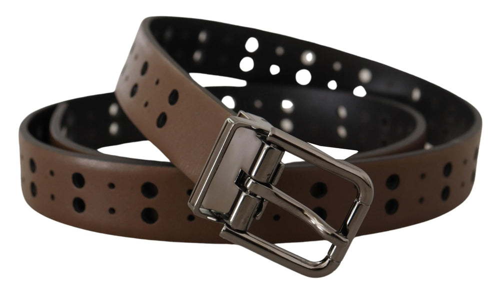 Dolce & Gabbana Dark Brown Perforated Leather Metal Belt - 90 cm / 36 Inches - Belts