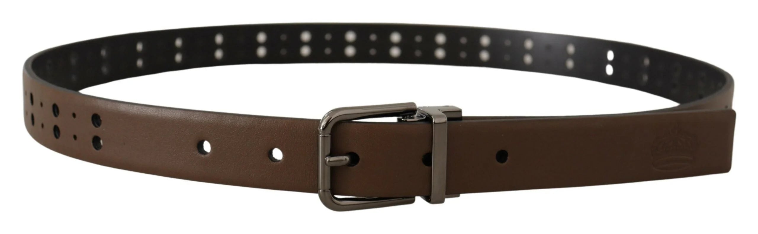 Dolce & Gabbana Dark Brown Perforated Leather Metal Belt - 90 cm / 36 Inches - Belts