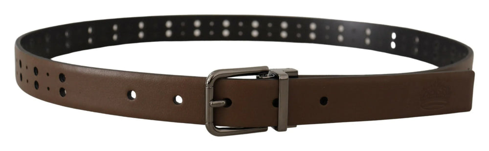 Dolce & Gabbana Dark Brown Perforated Leather Metal Belt - 90 cm / 36 Inches - Belts