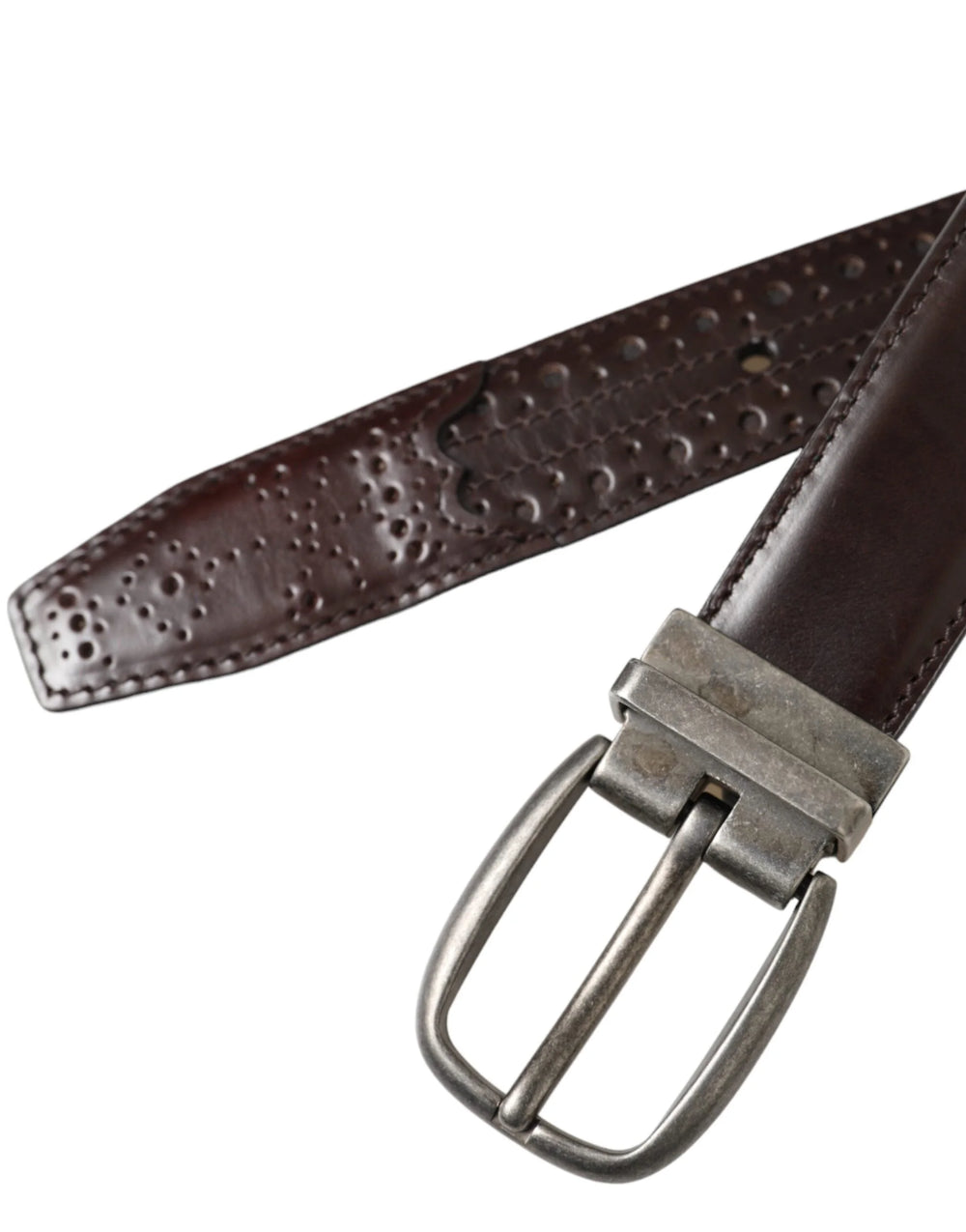 Dolce & Gabbana Dark Brown Perforated Leather Metal Buckle Belt Men - 85 cm / 34 Inches - Belts