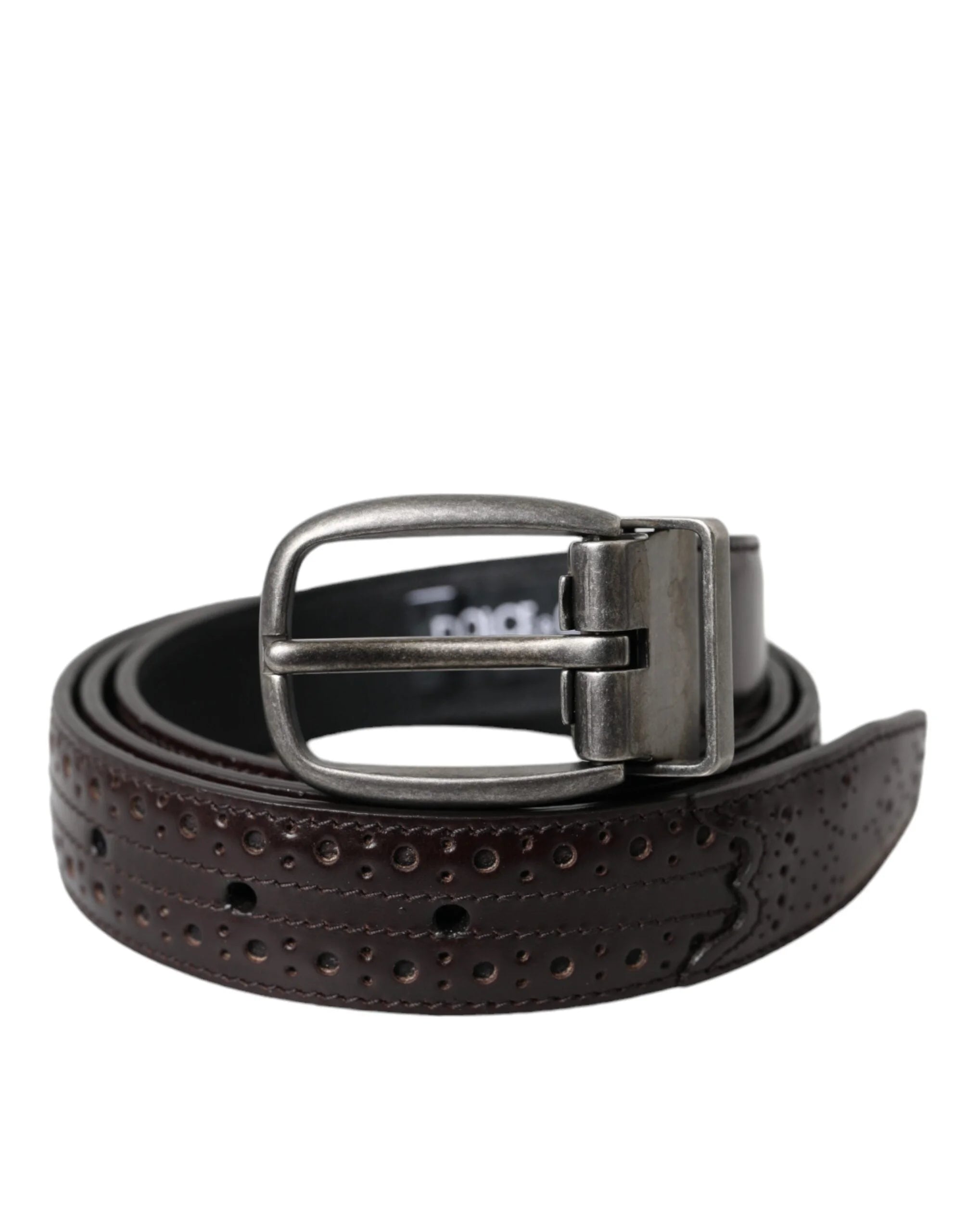 Dolce & Gabbana Dark Brown Perforated Leather Metal Buckle Belt Men - 85 cm / 34 Inches - Belts