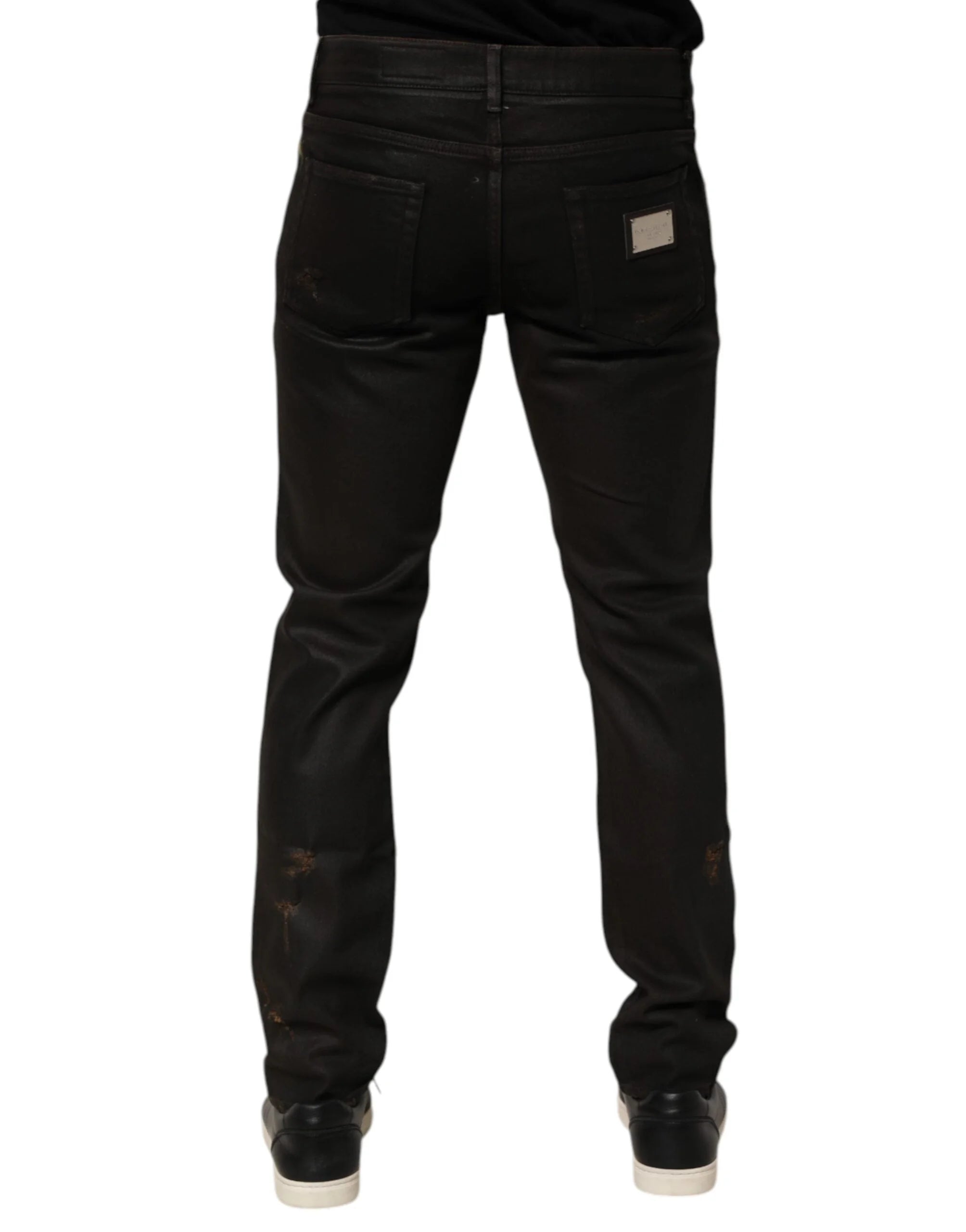 Dolce & Gabbana Dark Brown Tattered Cotton Skinny Denim Jeans - IT48 | M - Jeans