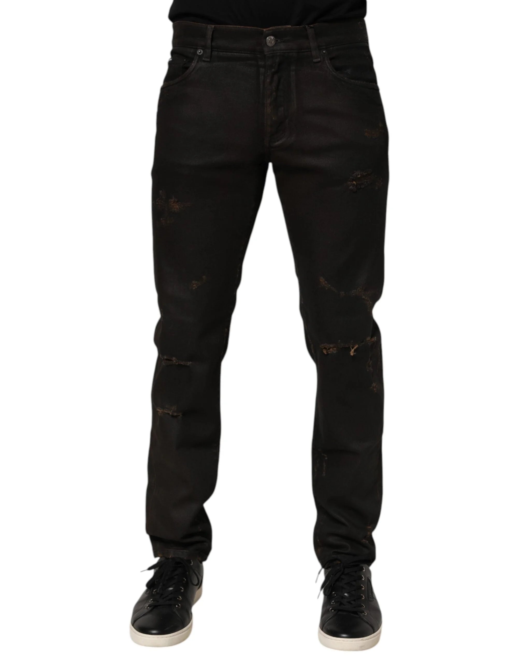 Dolce & Gabbana Dark Brown Tattered Cotton Skinny Denim Jeans - IT48 | M - Jeans