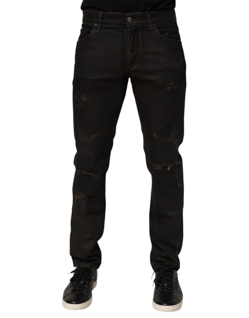 Dolce & Gabbana Dark Brown Tattered Cotton Skinny Denim Jeans - IT48 | M - Jeans