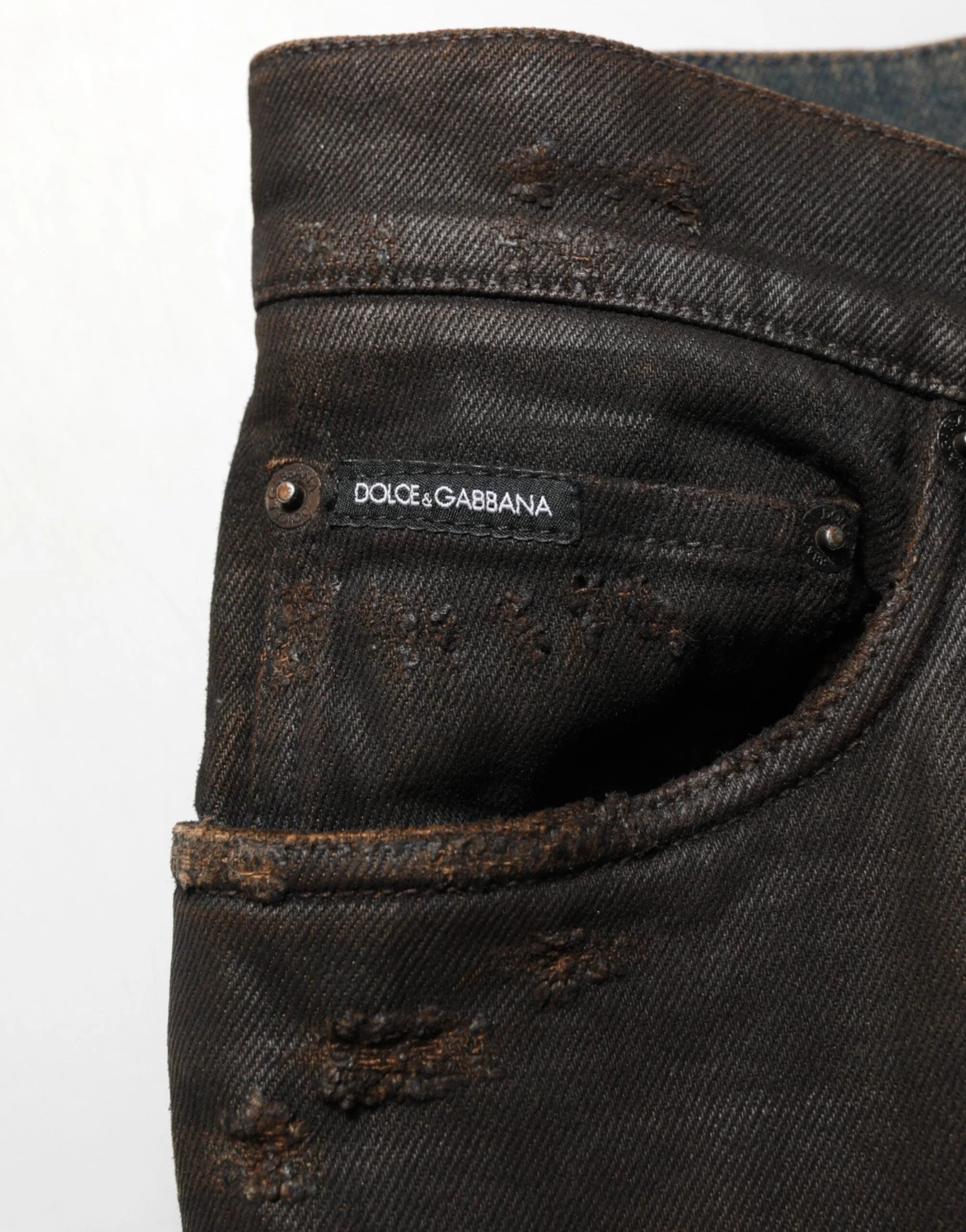 Dolce & Gabbana Dark Brown Tattered Cotton Skinny Denim Jeans - IT48 | M - Jeans