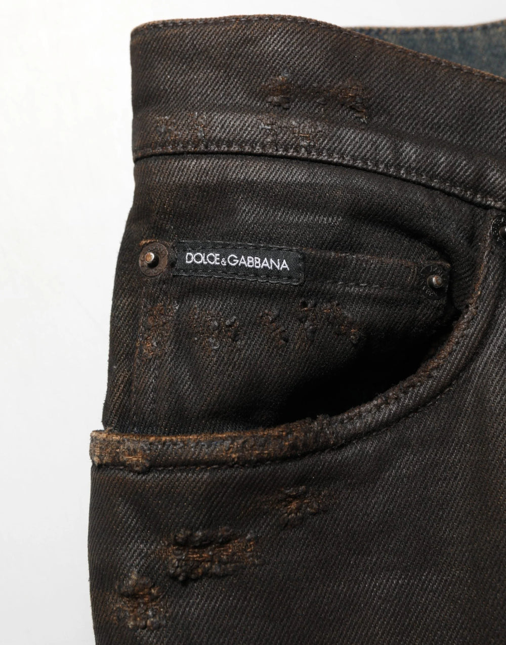 Dolce & Gabbana Dark Brown Tattered Cotton Skinny Denim Jeans - IT48 | M - Jeans