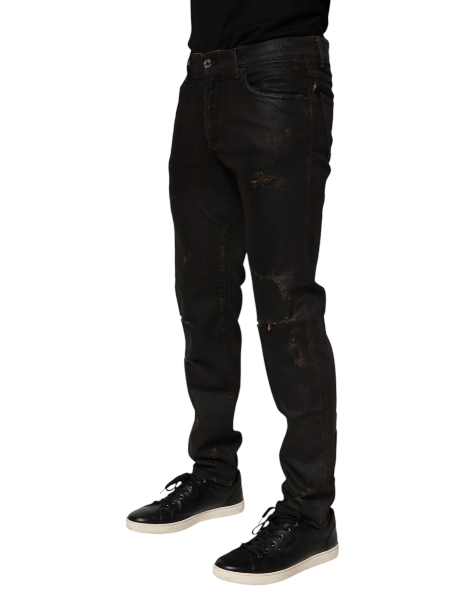 Dolce & Gabbana Dark Brown Tattered Cotton Skinny Denim Jeans - IT48 | M - Jeans