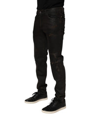 Dolce & Gabbana Dark Brown Tattered Cotton Skinny Denim Jeans - IT48 | M - Jeans