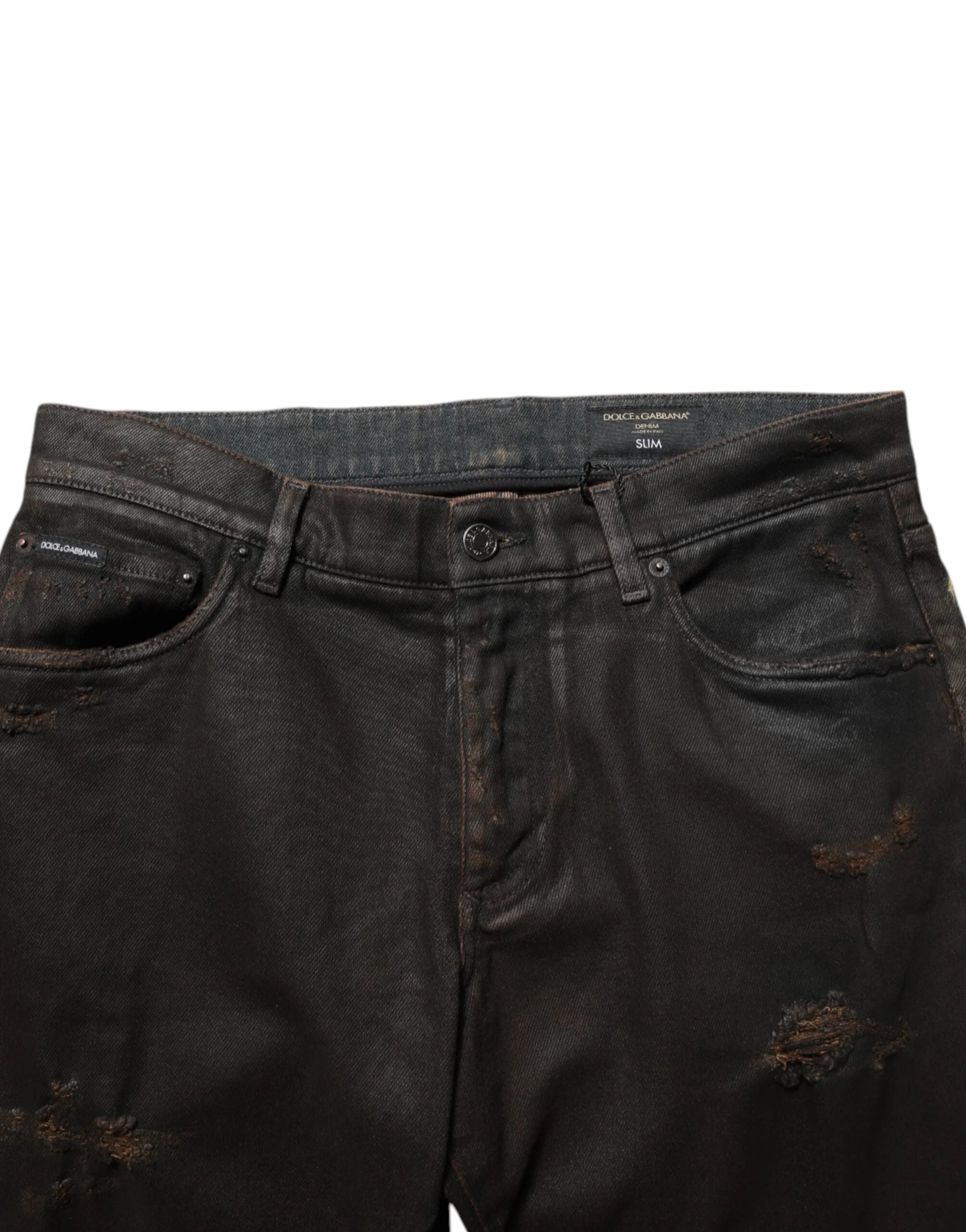 Dolce & Gabbana Dark Brown Tattered Cotton Skinny Denim Jeans - IT48 | M - Jeans