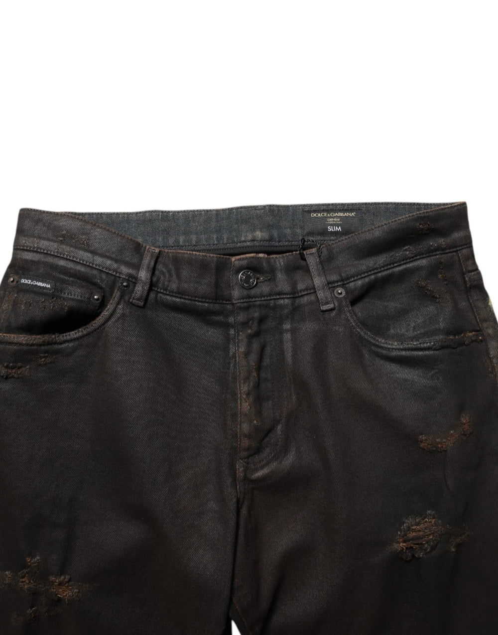 Dolce & Gabbana Dark Brown Tattered Cotton Skinny Denim Jeans - IT48 | M - Jeans