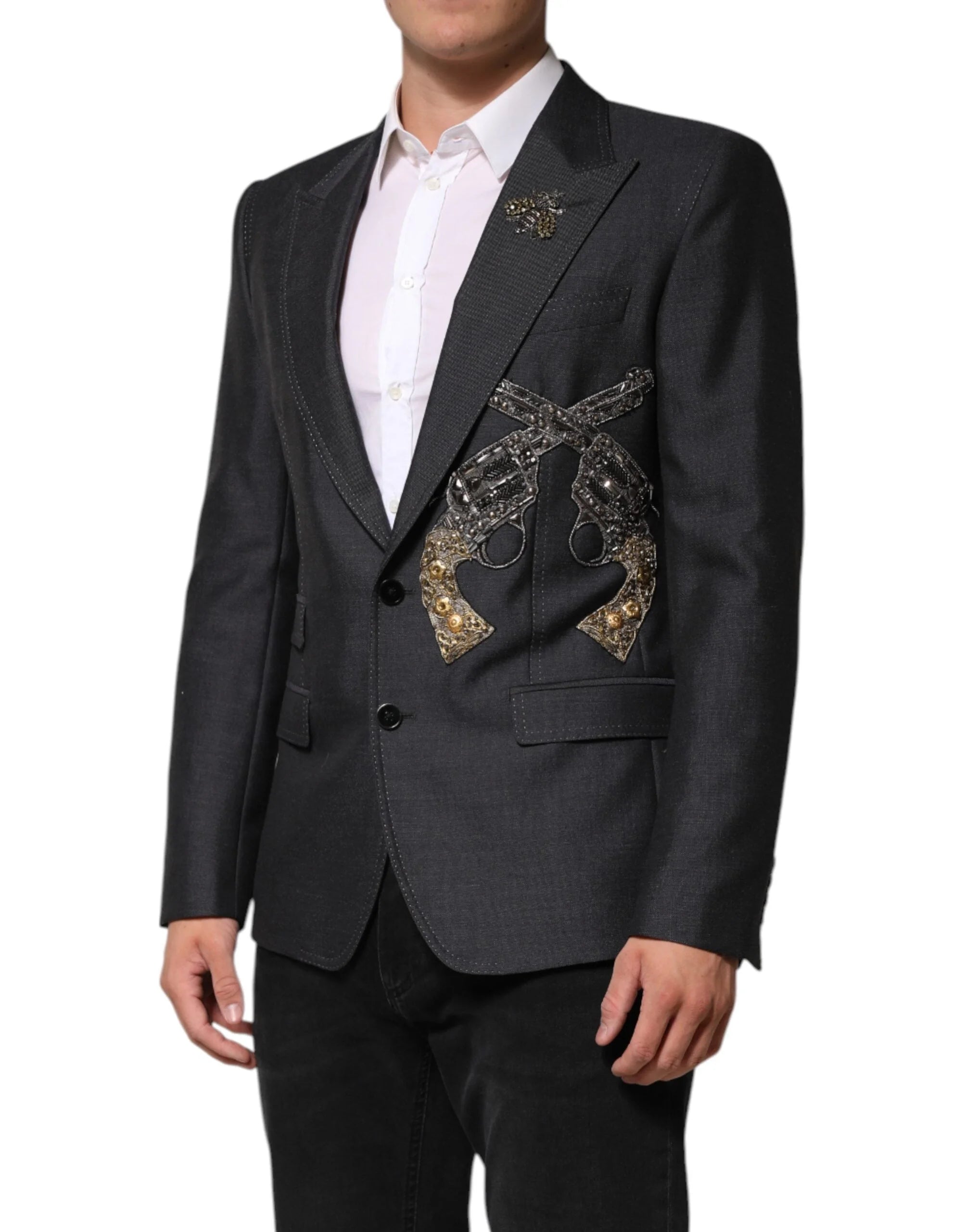 Dolce & Gabbana Dark Gray Bee Embroidery Wool Coat Blazer - IT50 | L - Sport Jackets
