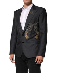 Dolce & Gabbana Dark Gray Bee Embroidery Wool Coat Blazer - IT50 | L - Sport Jackets