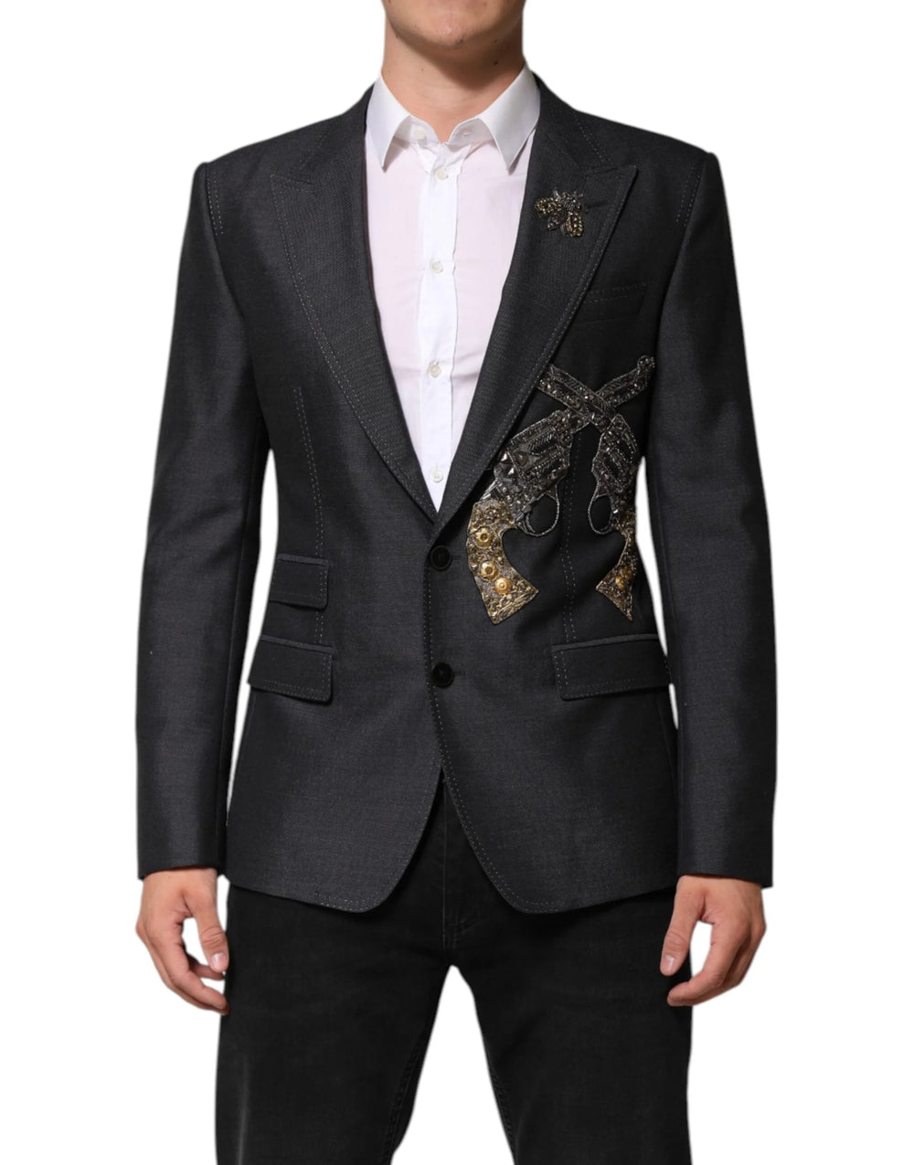 Dolce & Gabbana Dark Gray Bee Embroidery Wool Coat Blazer - IT50 | L - Sport Jackets