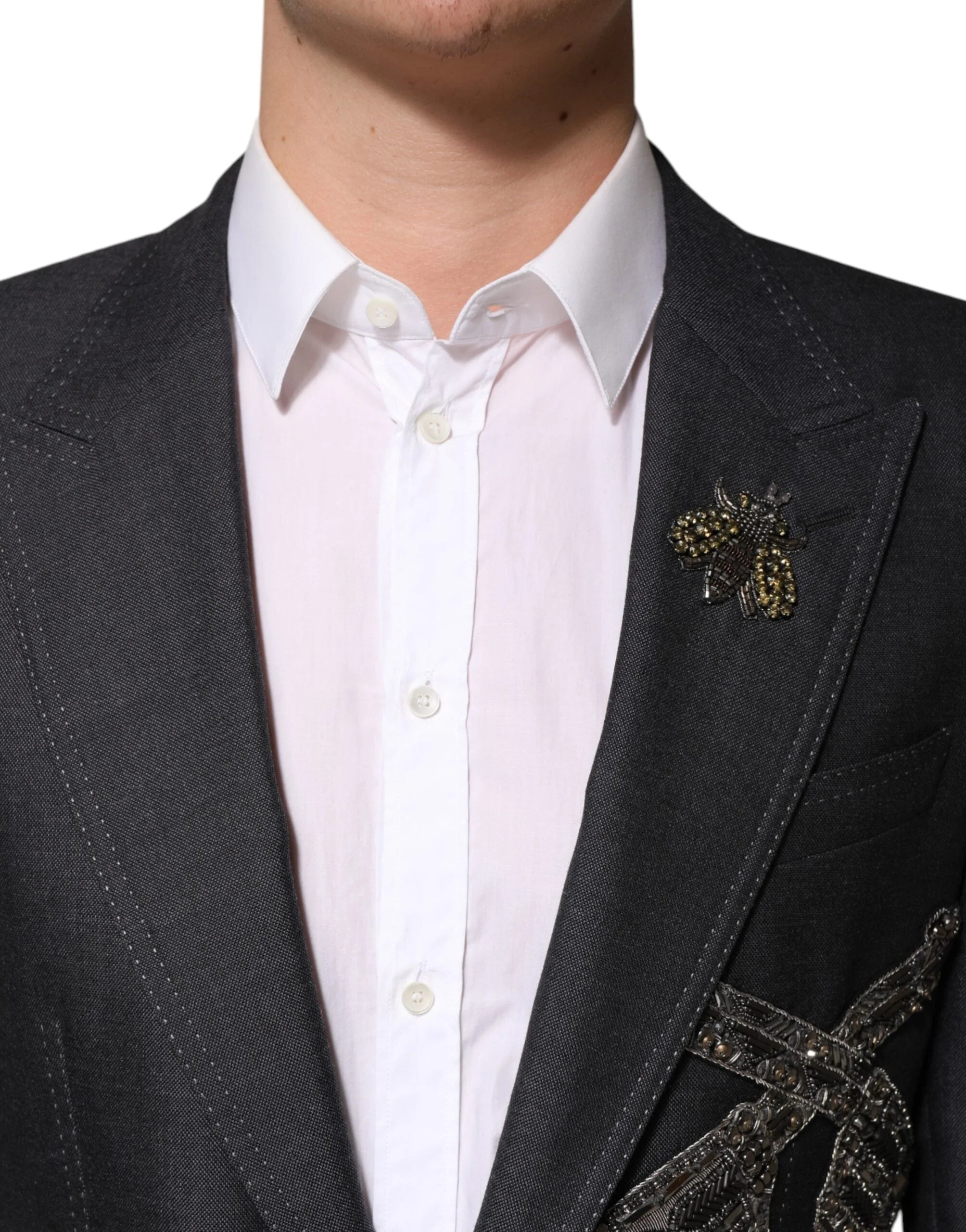 Dolce & Gabbana Dark Gray Bee Embroidery Wool Coat Blazer - IT50 | L - Sport Jackets