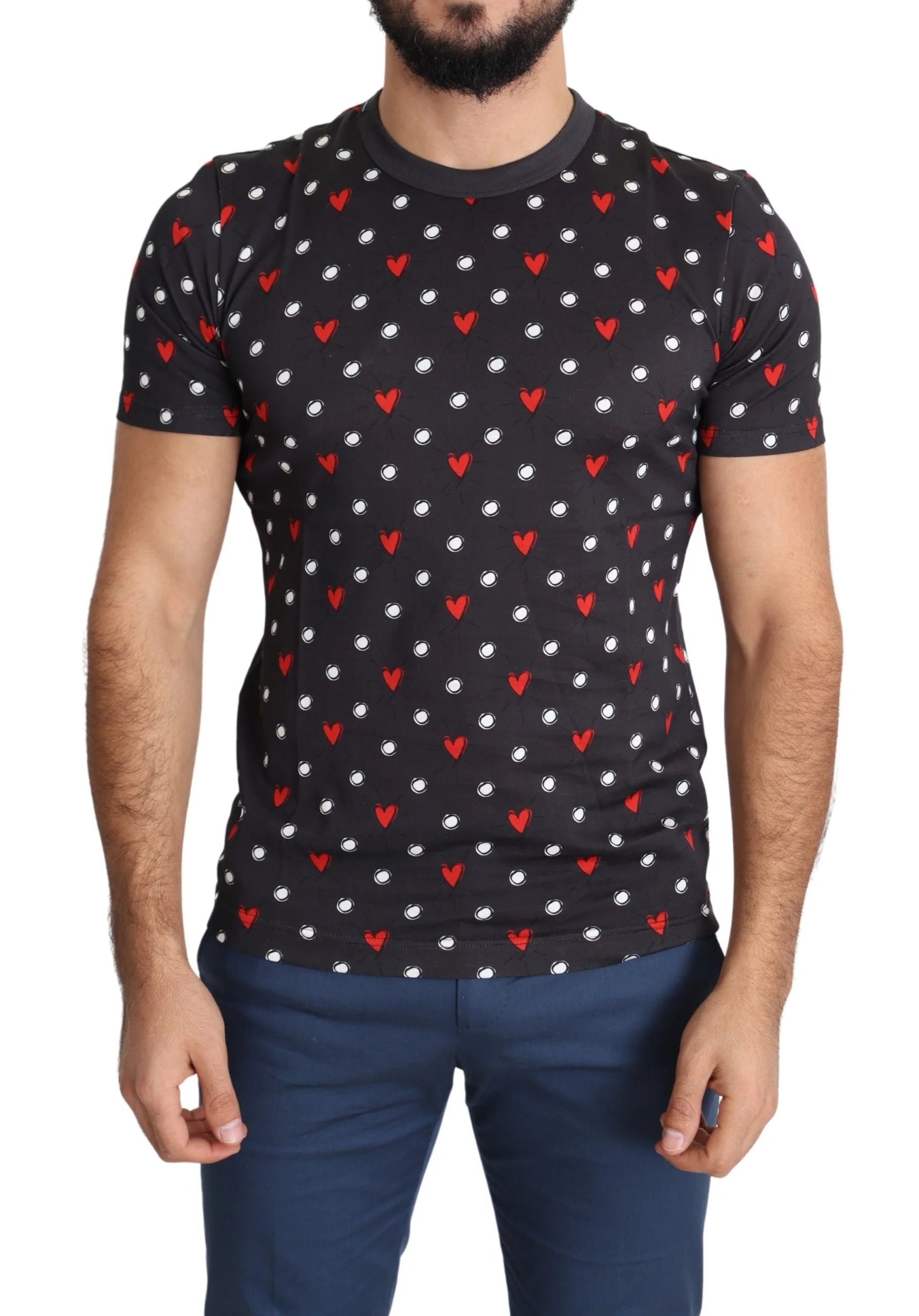 Dolce & Gabbana Dark Gray Hearts Print Cotton Men T-shirt - IT48 | M - T-Shirts