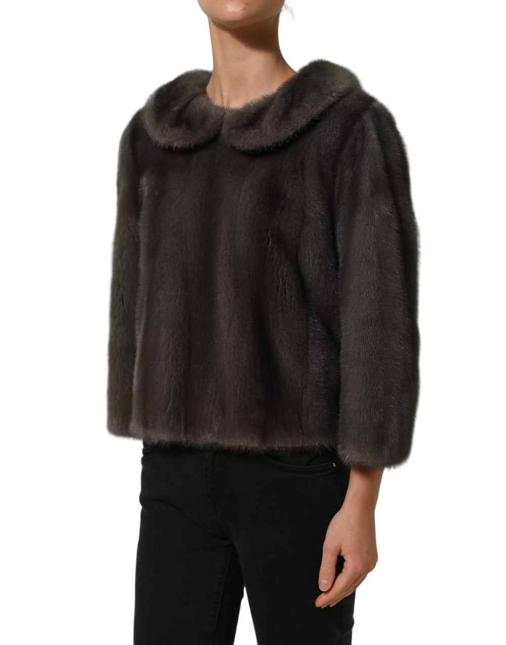 Dolce & Gabbana Dark Gray Mink Fur Round Collar Blouse Top - IT40|S