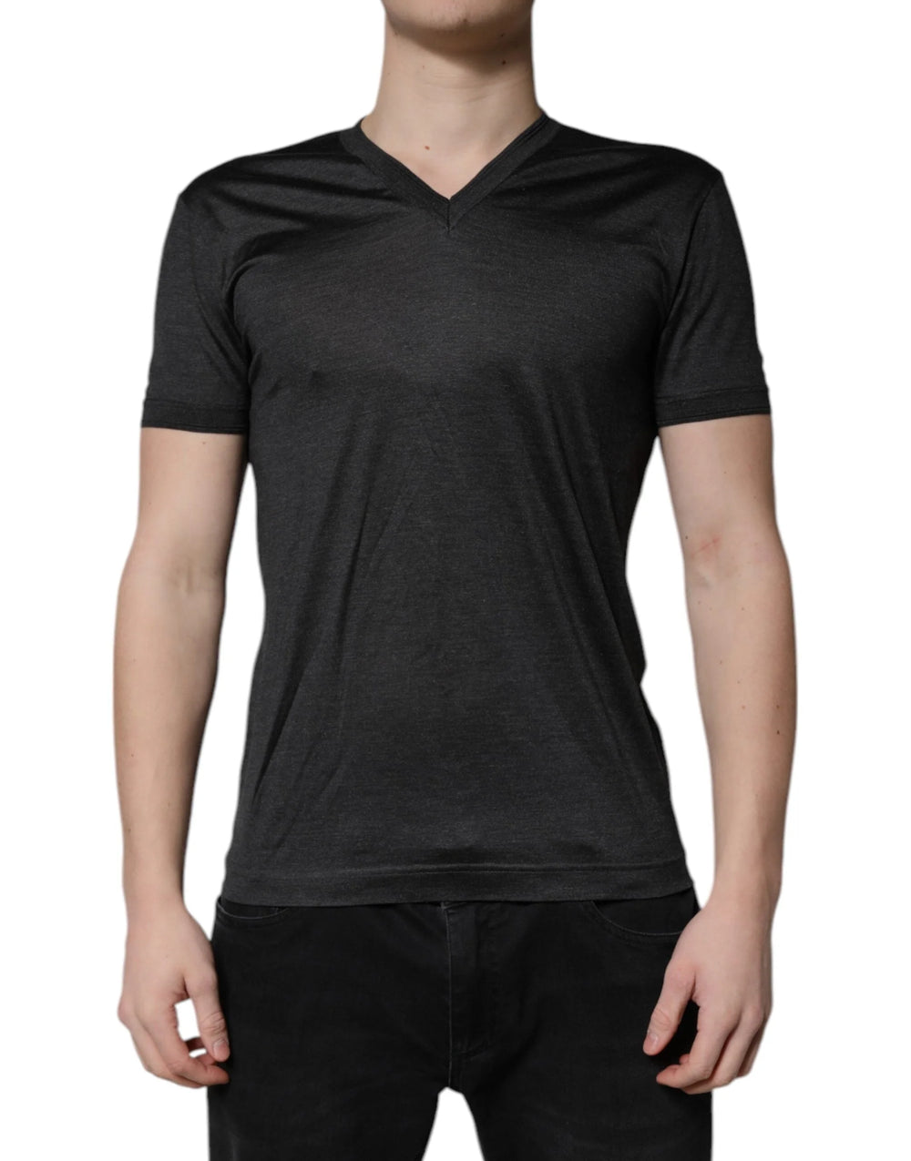 Dolce & Gabbana Dark Gray Silk V-neck Short Sleeves T-shirt - IT46 | S - T-Shirts