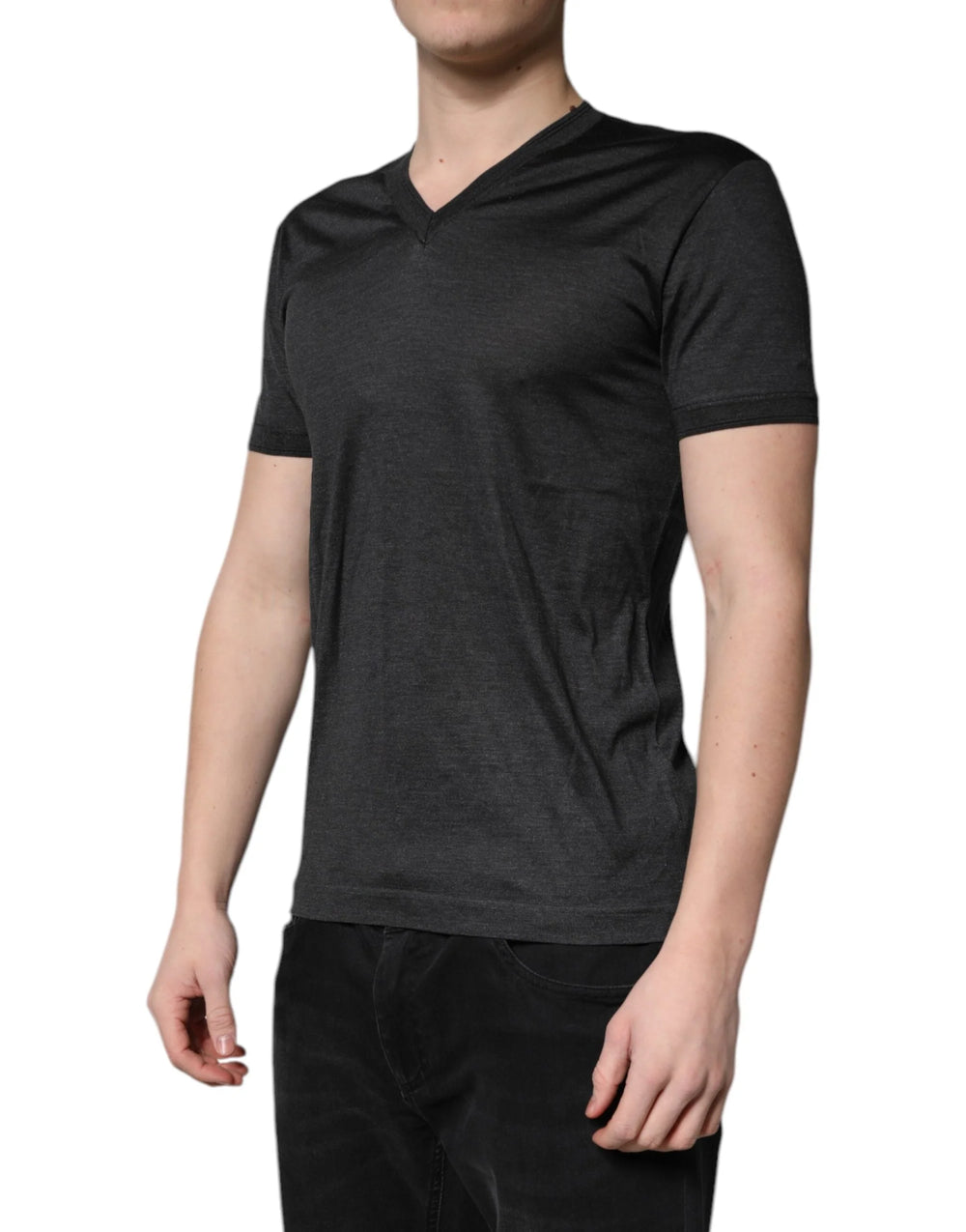 Dolce & Gabbana Dark Gray Silk V-neck Short Sleeves T-shirt - IT46 | S - T-Shirts