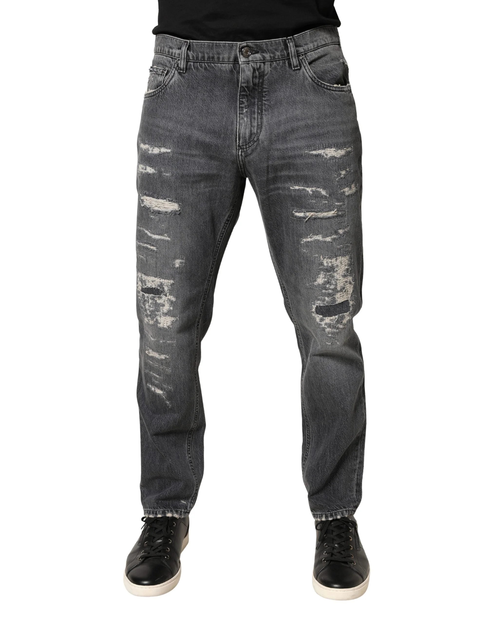 Dolce & Gabbana Dark Gray Tattered Cotton Loose Denim Jeans
