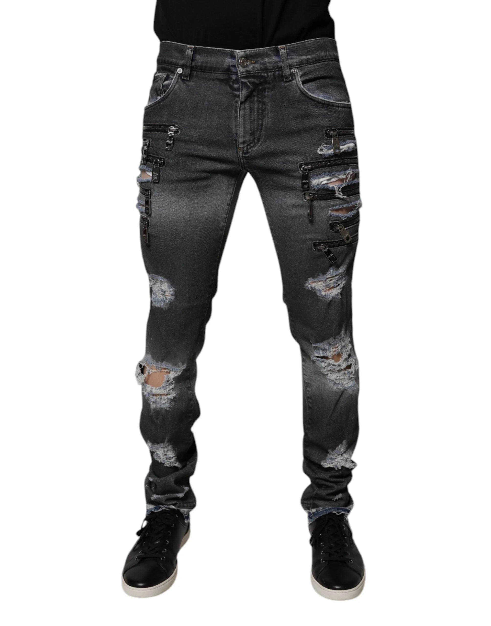 Dolce & Gabbana Dark Gray Tattered Cotton Skinny Denim Jeans - IT48 | M - Jeans