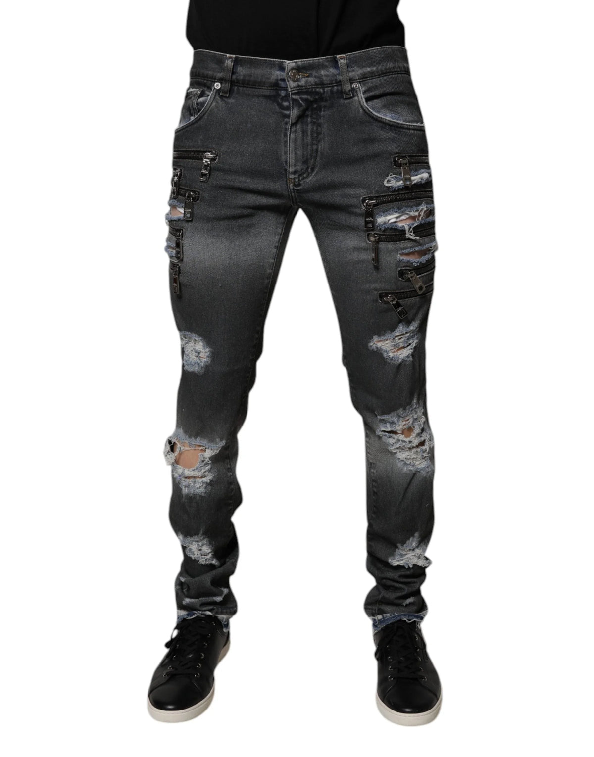Dolce & Gabbana Dark Gray Tattered Cotton Skinny Denim Jeans - IT48 | M - Jeans