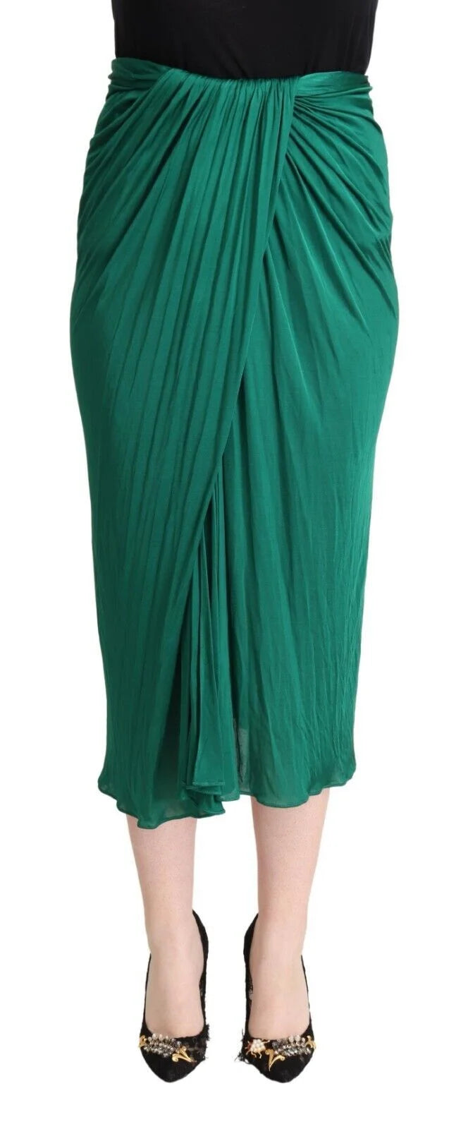 Dolce & Gabbana Dark Green High Waist Midi Pencil Cut Pleated Skirt - Skirts