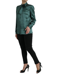 Dolce & Gabbana Dark Green Silk Ascot Collar Blouse Top - IT46|XL - Blouses