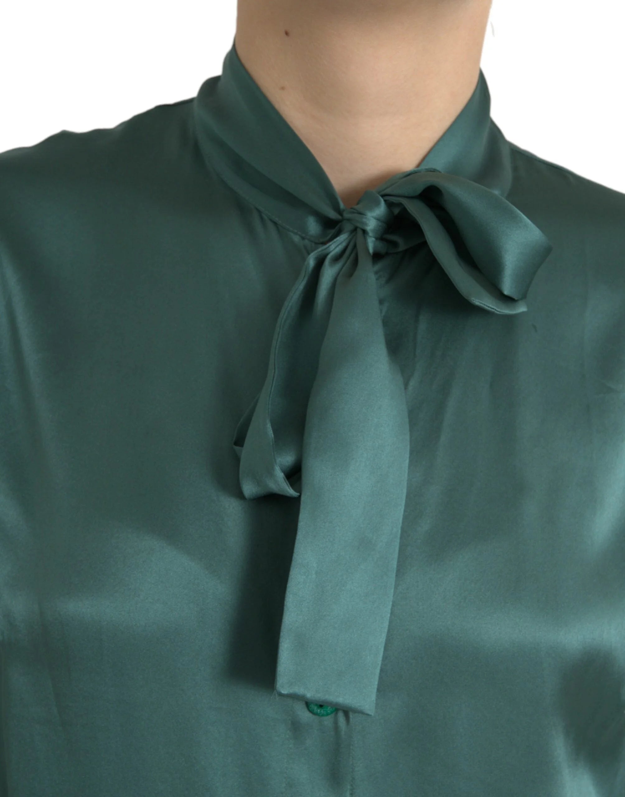 Dolce & Gabbana Dark Green Silk Ascot Collar Blouse Top - IT46|XL - Blouses