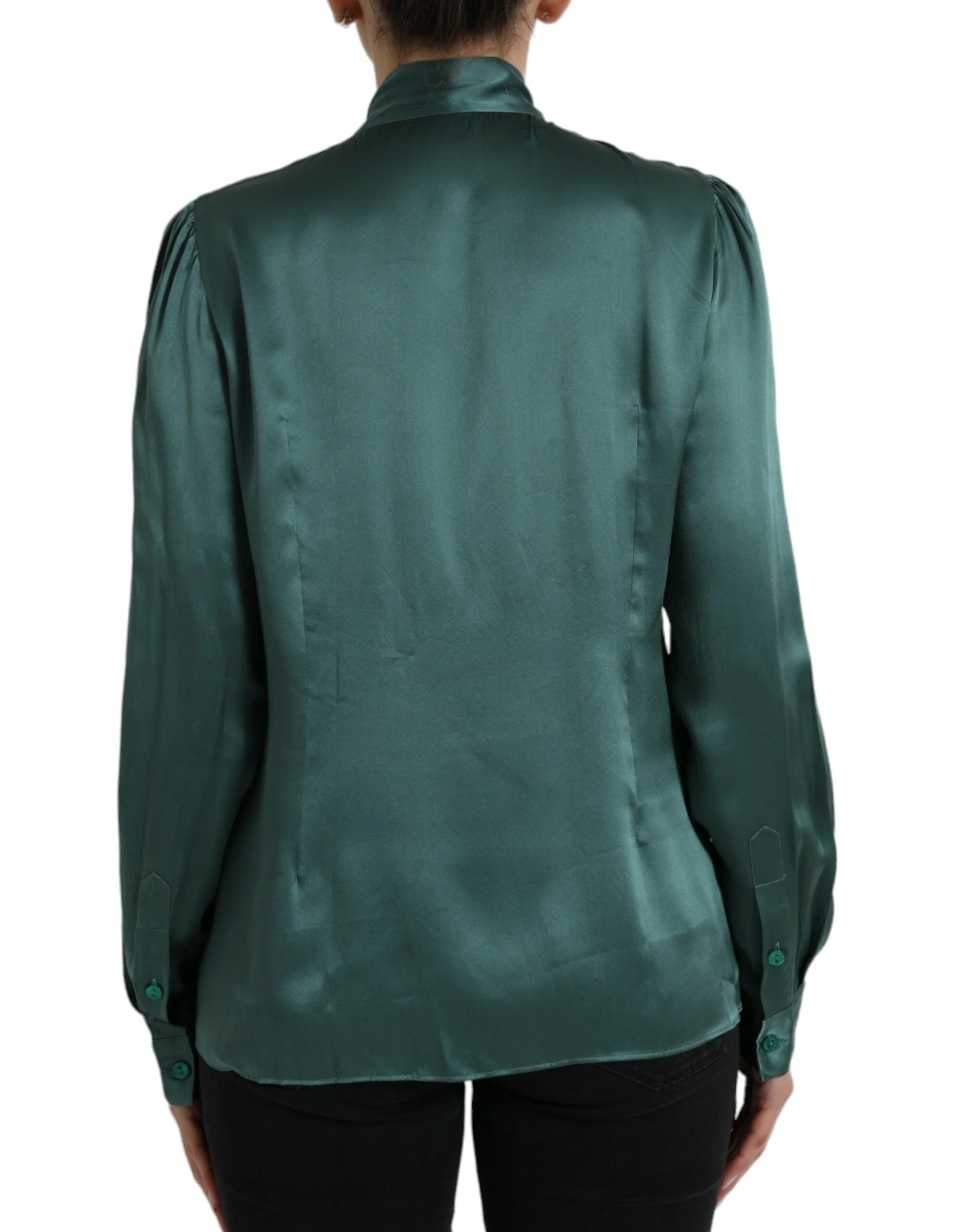 Dolce & Gabbana Dark Green Silk Ascot Collar Blouse Top - IT46|XL - Blouses