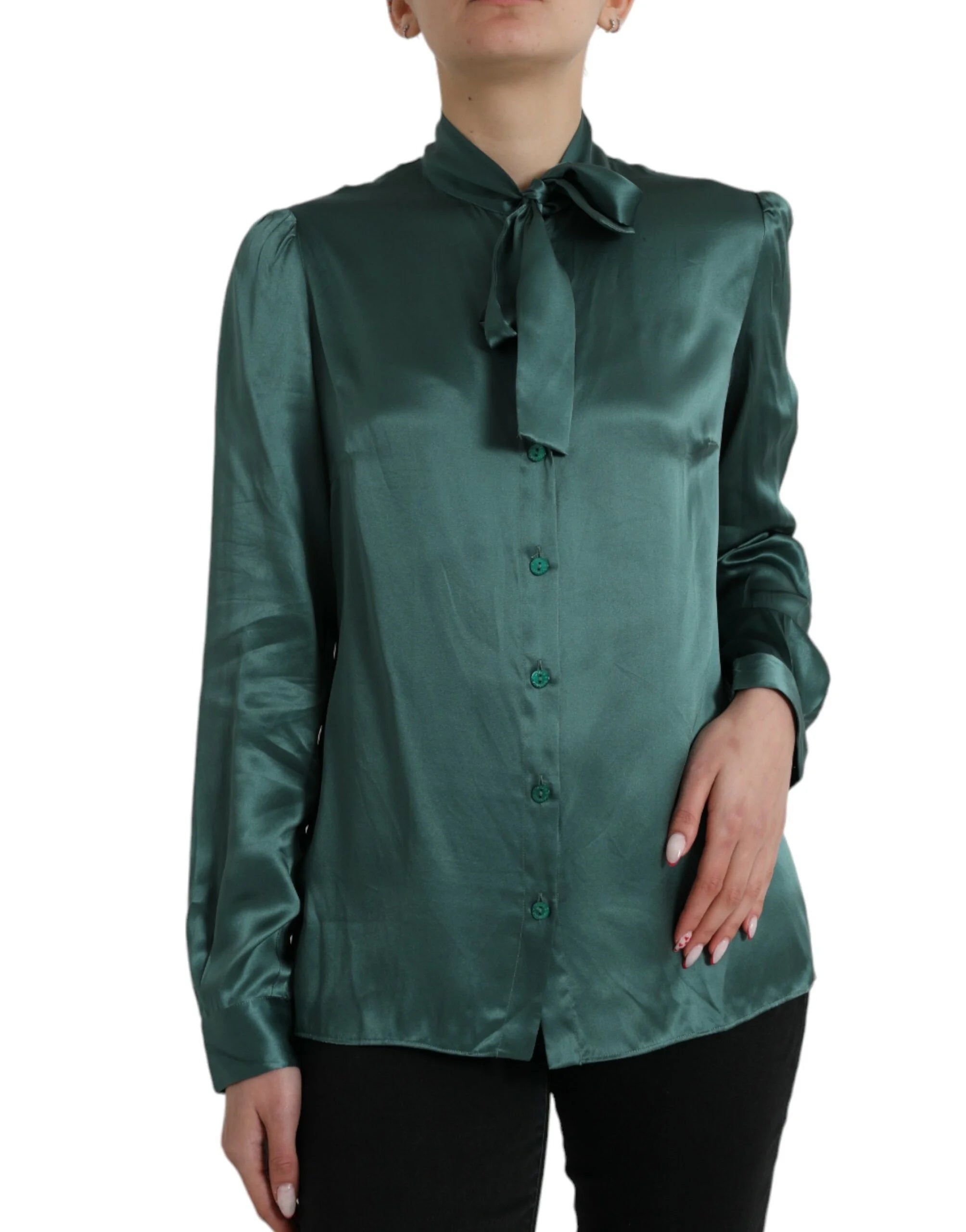 Dolce & Gabbana Dark Green Silk Ascot Collar Blouse Top - IT46|XL - Blouses