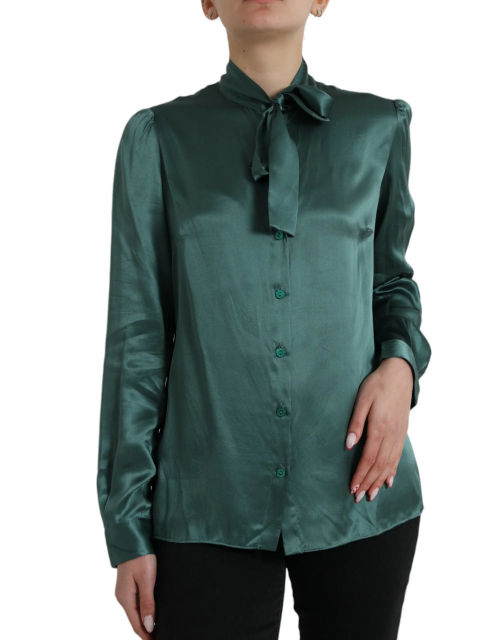 Dolce & Gabbana Dark Green Silk Ascot Collar Blouse Top - IT46|XL - Blouses