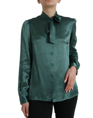 Dolce & Gabbana Dark Green Silk Ascot Collar Blouse Top - IT46|XL - Blouses