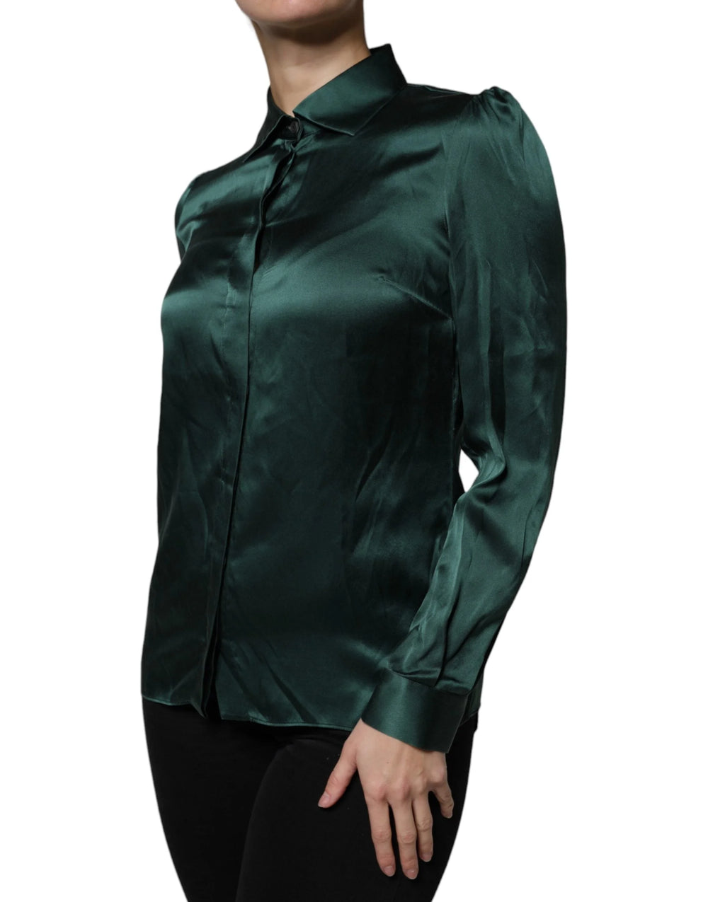 Dolce & Gabbana Dark Green Silk Button Down Long Sleeves Blouse Top - IT40|S - Blouses