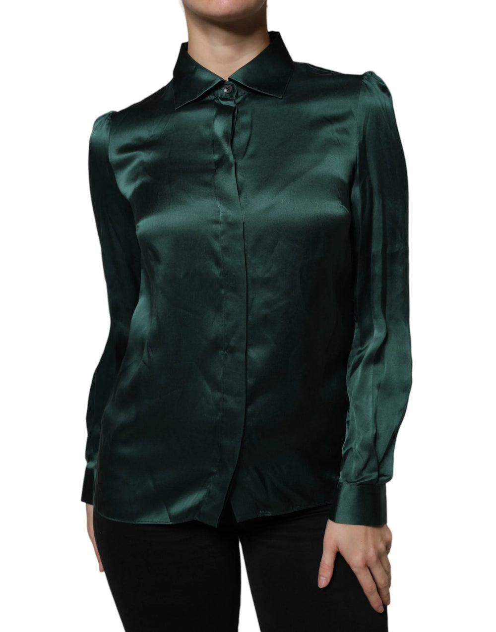 Dolce & Gabbana Dark Green Silk Button Down Long Sleeves Blouse Top - IT40|S - Blouses