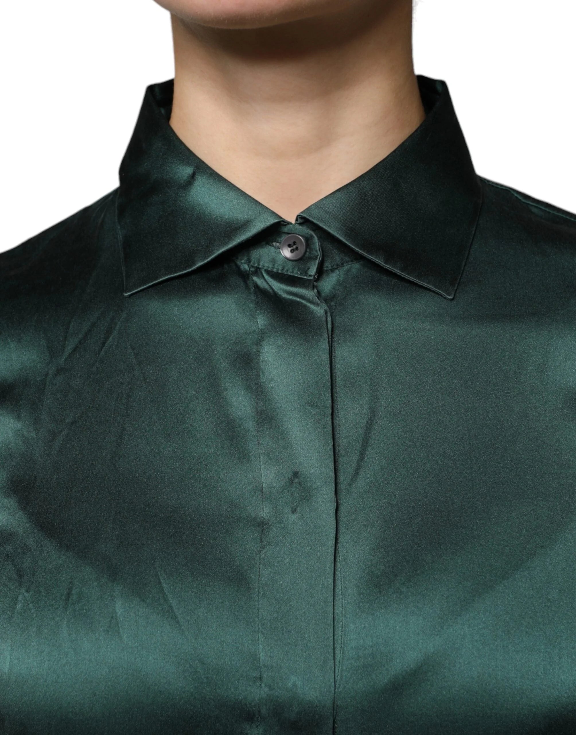 Dolce & Gabbana Dark Green Silk Button Down Long Sleeves Blouse Top - IT40|S - Blouses