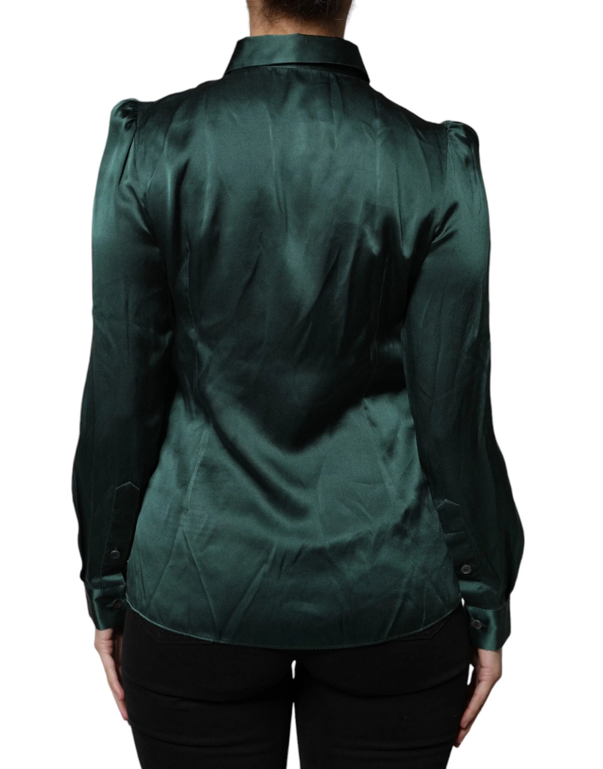 Dolce & Gabbana Dark Green Silk Button Down Long Sleeves Blouse Top - IT40|S - Blouses