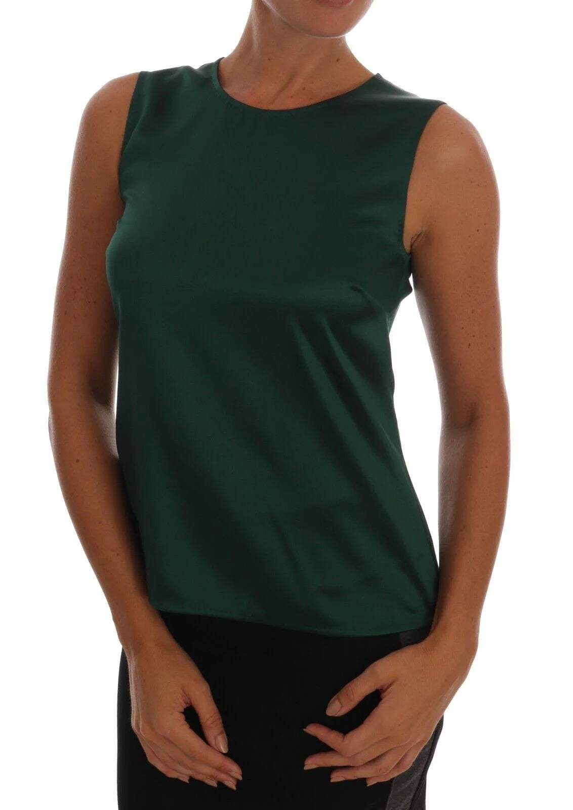Dolce & Gabbana Dark Green Silk Sleeveless Round Neck Tank Top - IT40|S - Tank Tops