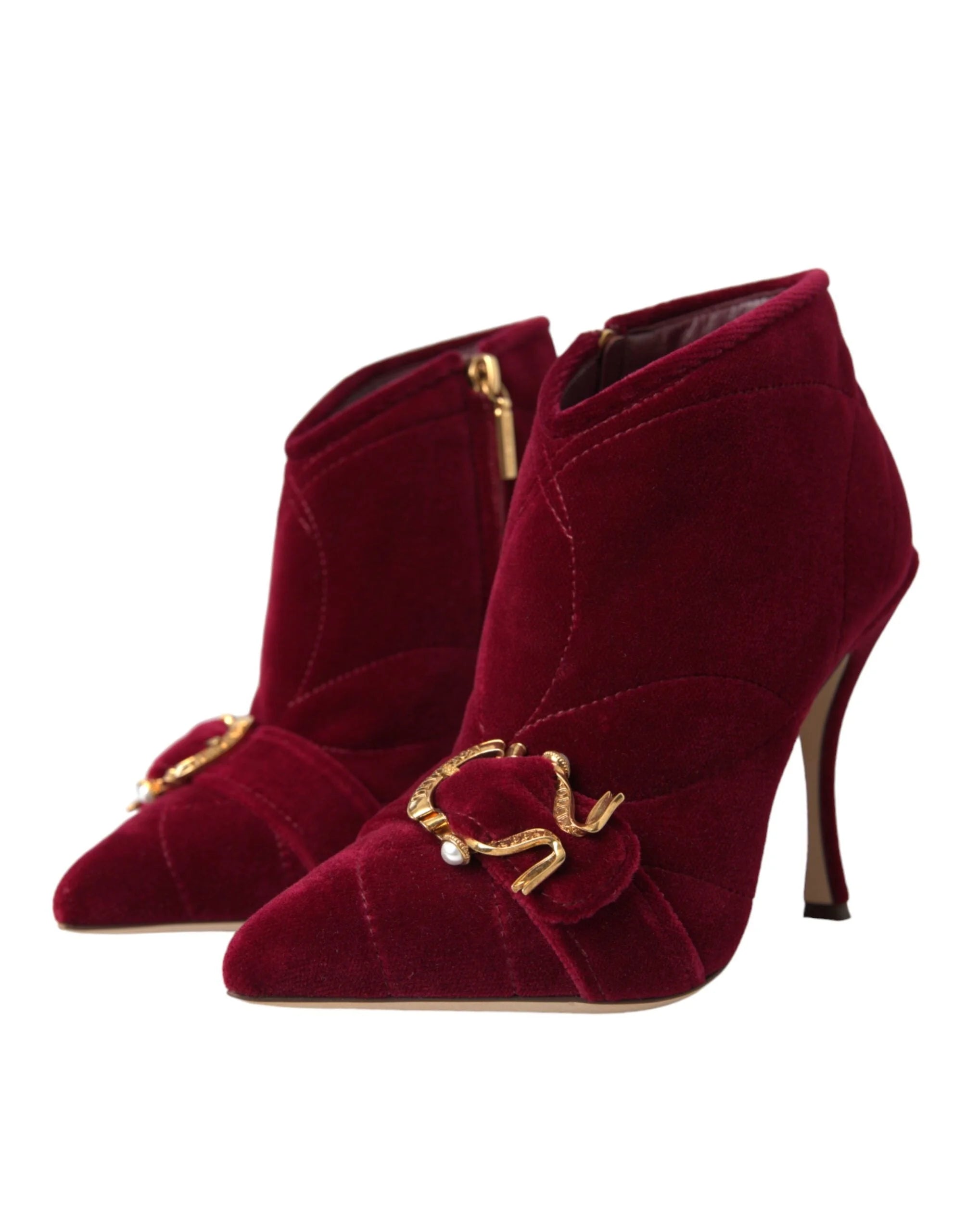 Dolce & Gabbana Dark Red Velvet Devotion Buckle Boots Shoes - Boots