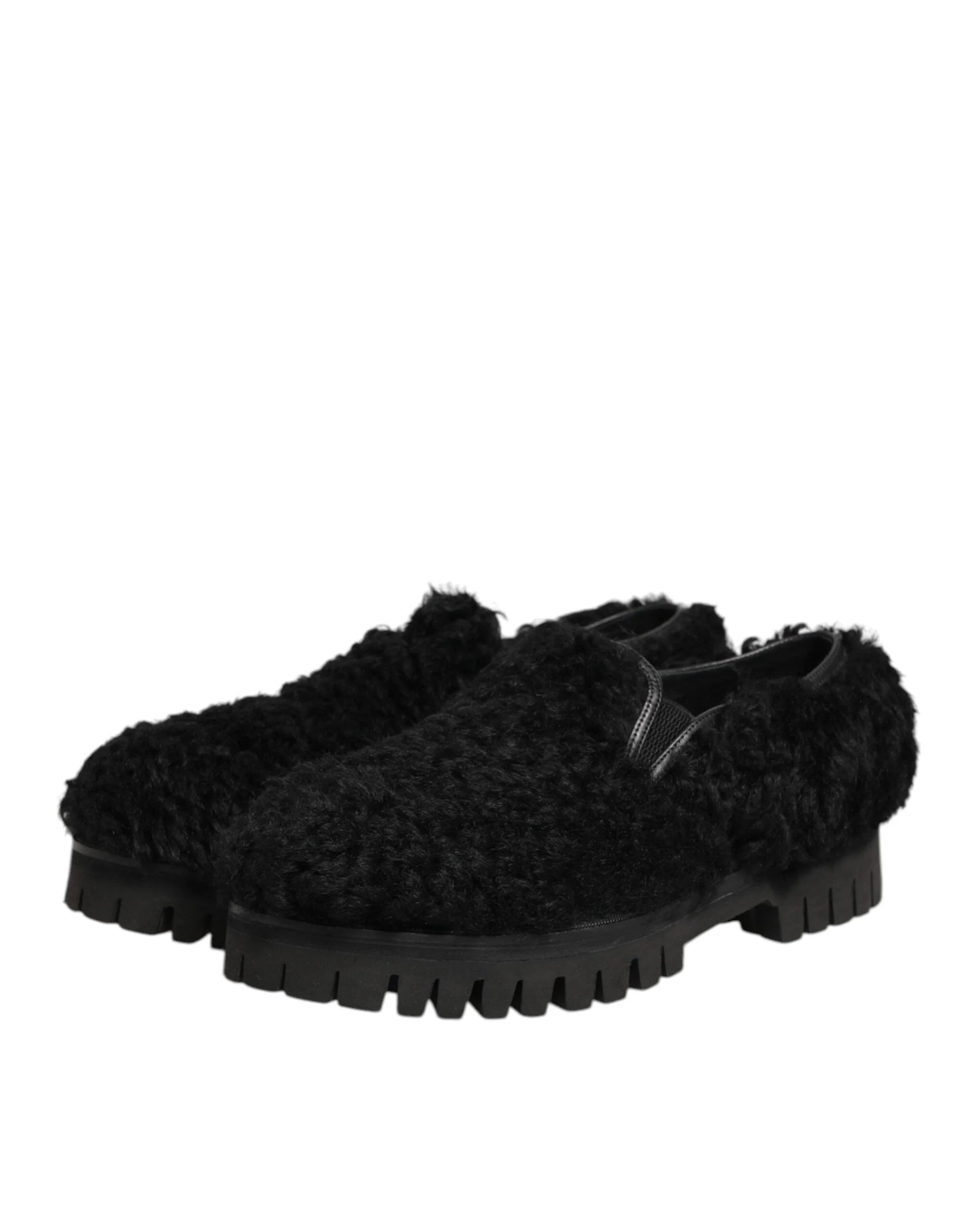 Dolce & Gabbana Dress Black Fur Leather Slippers Men Shoes - Slippers