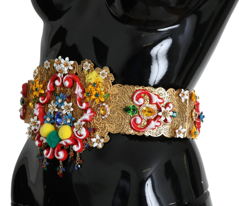 Dolce & Gabbana Embellished Floral Crystal Wide Waist Golden Belt - IT42|M - Belts