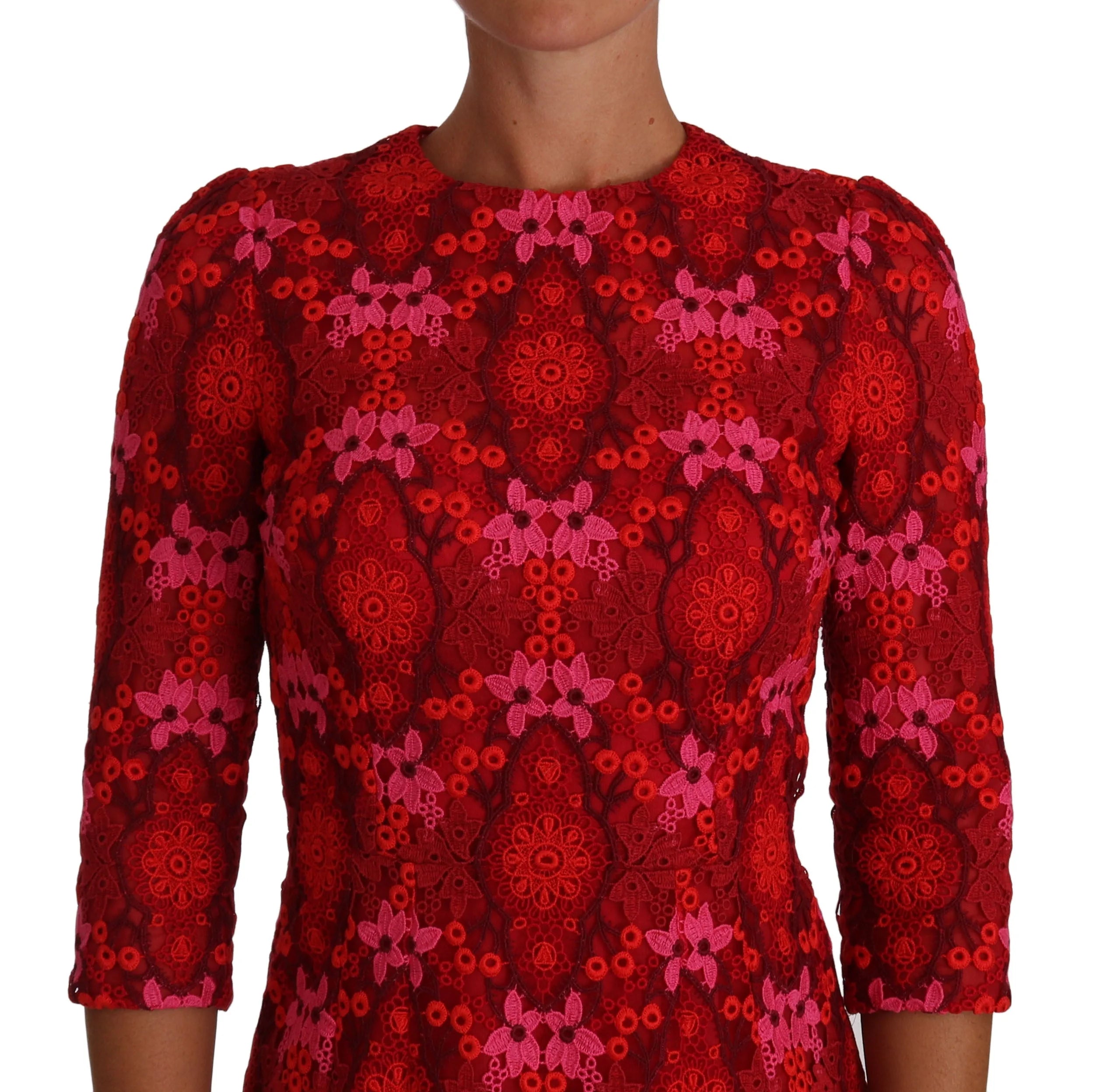 Dolce & Gabbana Floral Crochet Lace Red Pink Sheath Dress - IT40|S - Dresses