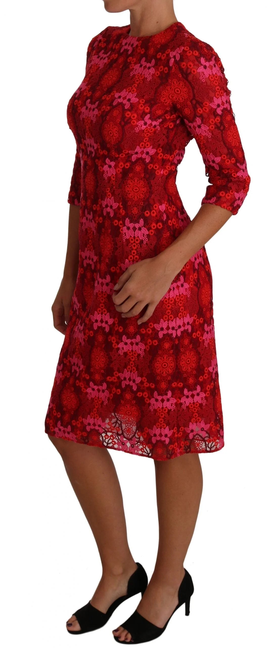 Dolce & Gabbana Floral Crochet Lace Red Pink Sheath Dress - IT40|S - Dresses