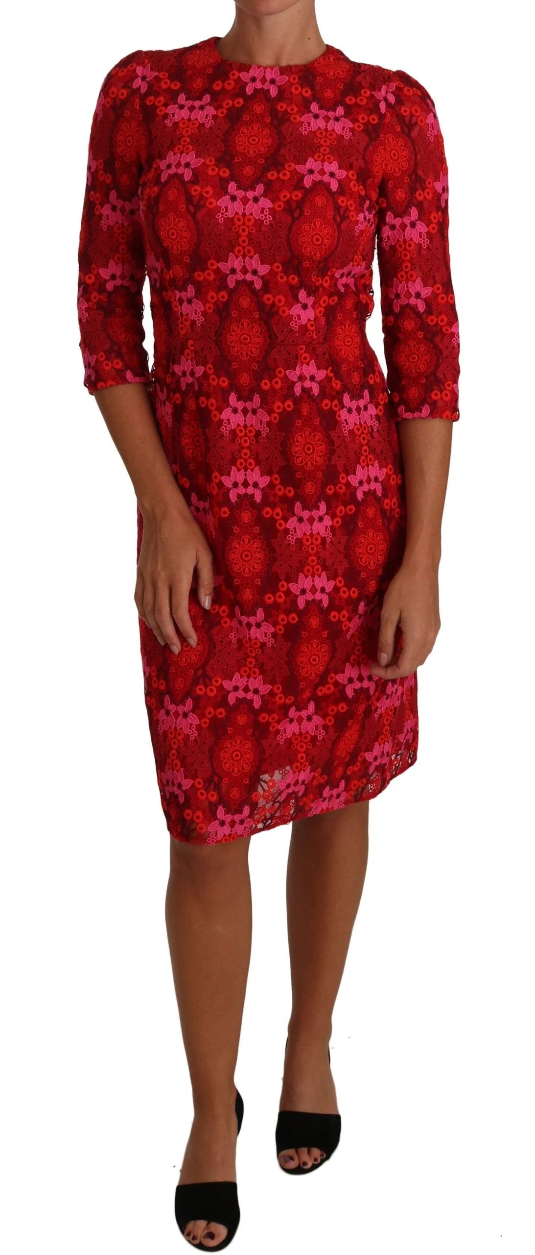 Dolce & Gabbana Floral Crochet Lace Red Pink Sheath Dress - IT40|S - Dresses