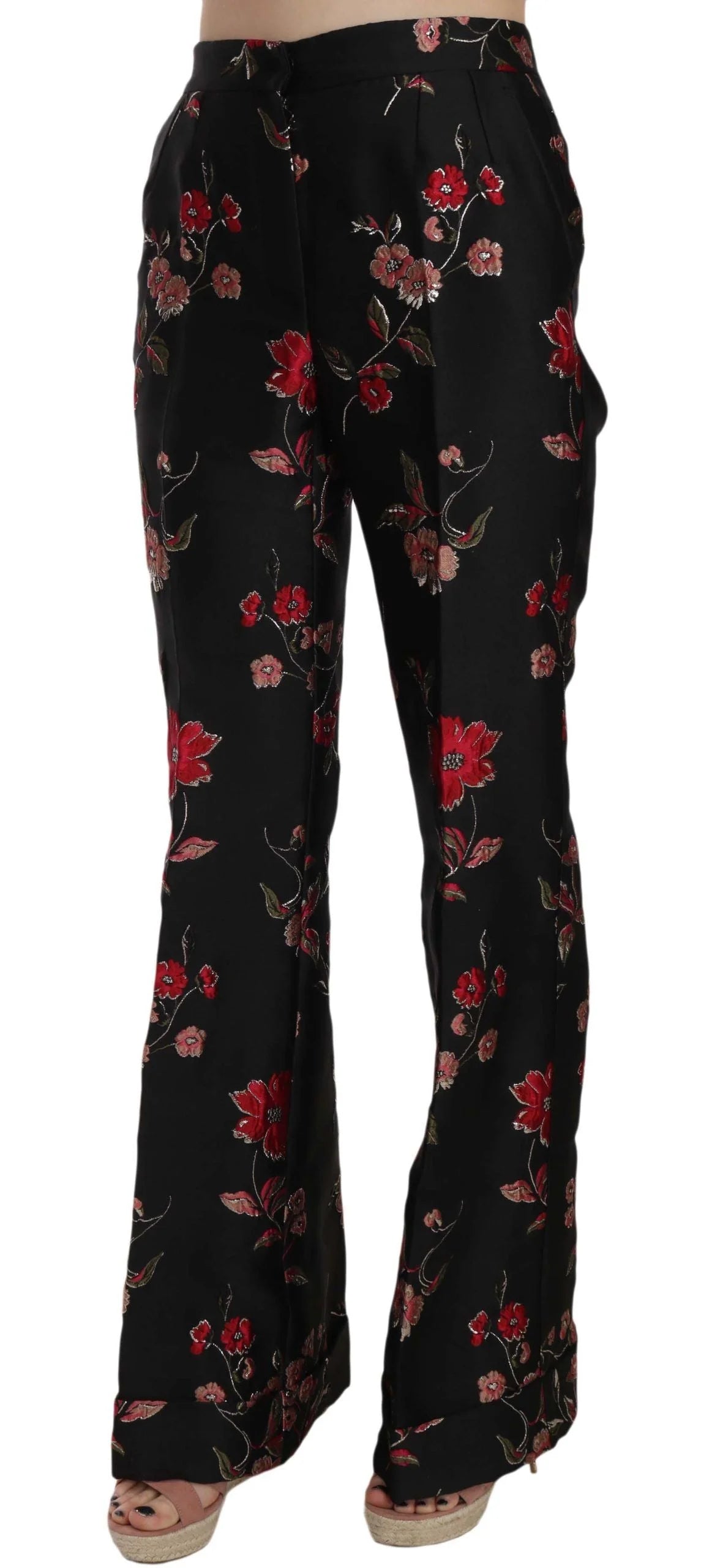 Dolce & Gabbana Floral Print Black Boot Cut Trouser Pants - Trousers