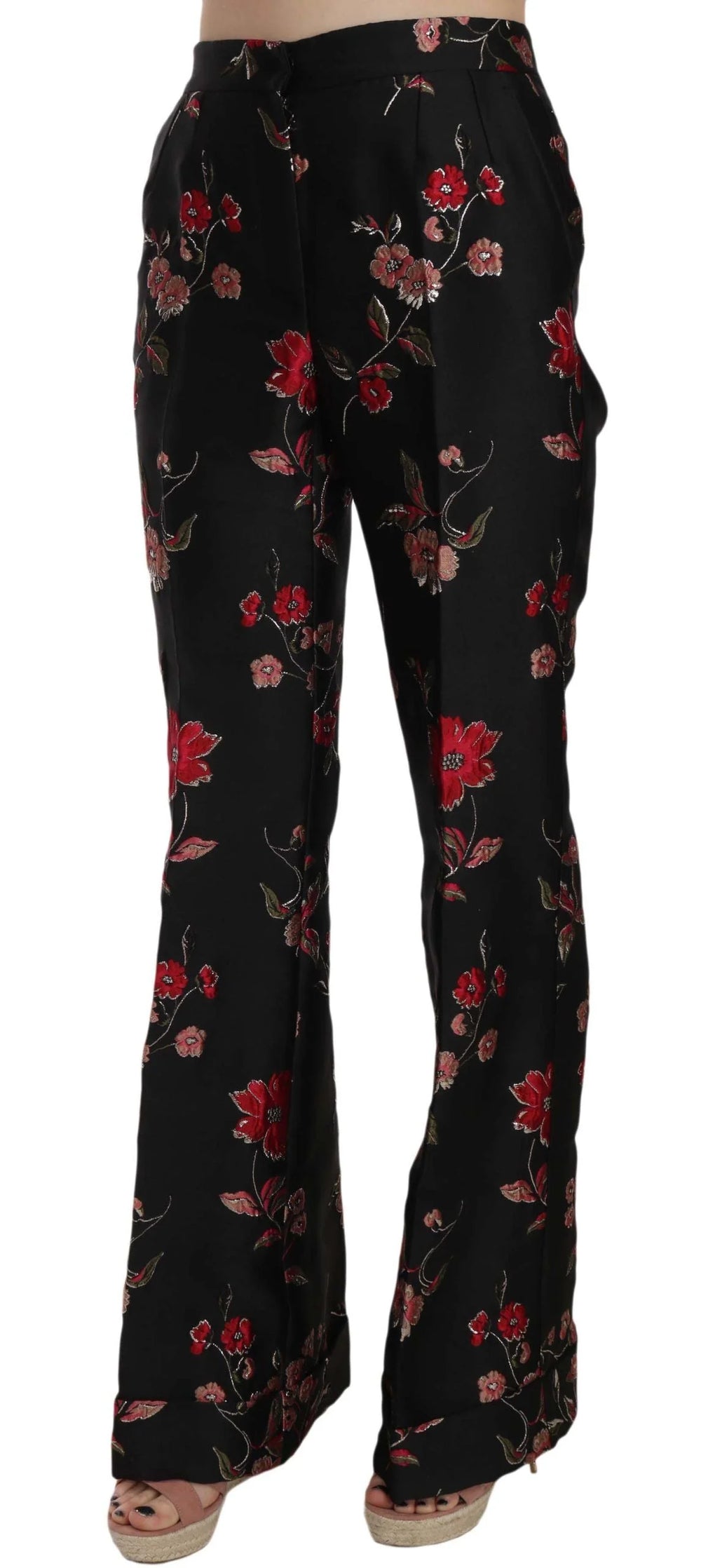 Dolce & Gabbana Floral Print Black Boot Cut Trouser Pants - Trousers