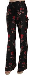 Dolce & Gabbana Floral Print Black Boot Cut Trouser Pants - Trousers