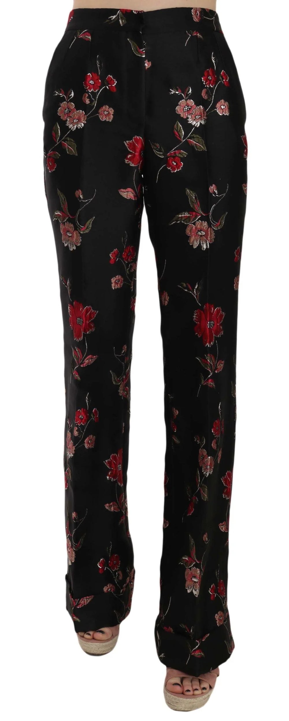 Dolce & Gabbana Floral Print Black Boot Cut Trouser Pants - Trousers