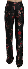 Dolce & Gabbana Floral Print Black Boot Cut Trouser Pants - Trousers